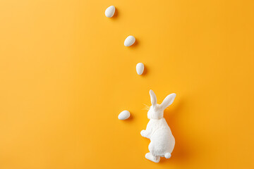 Easter Bunny hopping trail, top view, isolated on a soft pastel yellow background, leading the way to Easter adventures - obrazy, fototapety, plakaty