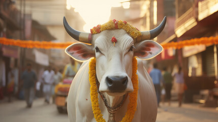 Indian sacred cow on the street of Varanasi, India, Asia, East, ancient architecture, animal, artiodactyl, horns, bull, calf, traditional, elegant, flowers, rite, national, culture, custom - obrazy, fototapety, plakaty