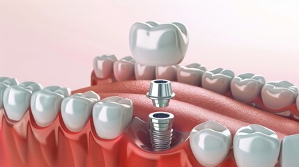 3D illustration the process of dental implant. Crown, abutment, screw.