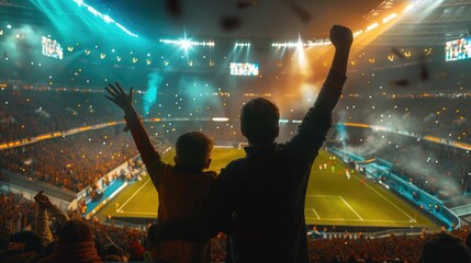 relationship and happy family concept picture of father and son cheer football match together.