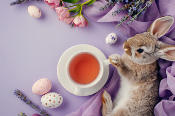 Easter Bunny hosting a tea party, top view, isolated on a quaint lavender background, embodying the social and joyful aspects of Easter  - obrazy, fototapety, plakaty