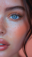 A close-up of a person’s face captures the intensity of deep blue eyes and the delicate details of freckles