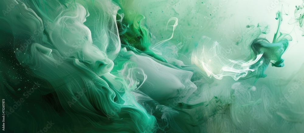 Poster a captivating fusion of green smoke and abstract elements on a striking white background, creating a