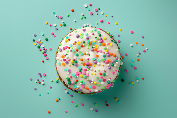 Easter cake with colorful sprinkles, top view, isolated on a joyful mint green background, symbolizing Easter feasts and sweetness 