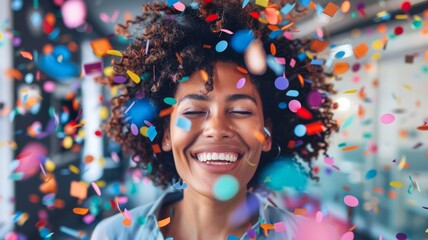 Exuberant Curly-Haired Woman in a Confetti Explosion. Joyful young woman with curly hair laughing amidst a vibrant cascade of confetti.