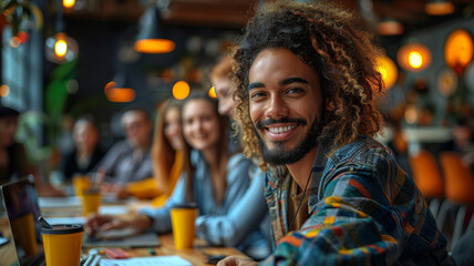 Joyful Young Entrepreneur in Creative Workspace. Bright-eyed young man with curly hair wearing a colorful jacket shares a cheerful moment in a collaborative office space.