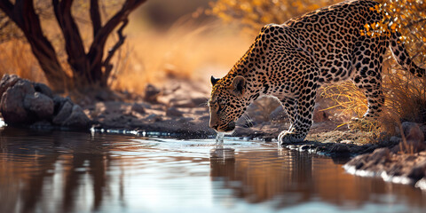 Magnificent leopard in the savannah drinking water - obrazy, fototapety, plakaty