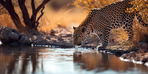 Foto op Canvas Magnificent leopard in the savannah drinking water © shobakhul