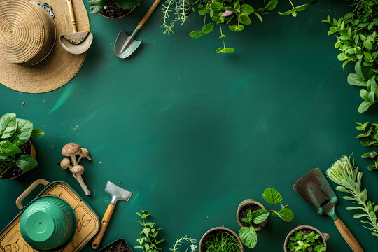 top view of a gardening kit with tools and pots, isolated on a rich green background, representing gardening and growth