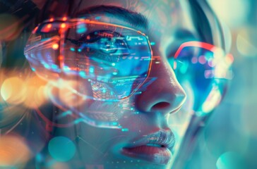 Future woman with cyber technology eye panel concept