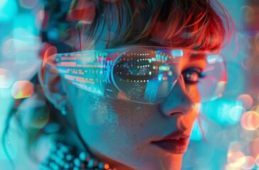 Future woman with cyber technology eye panel concept