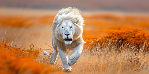 white Lion running the savannah - obrazy, fototapety, plakaty