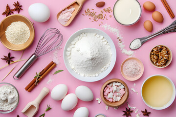 top view of assorted baking ingredients and utensils, isolated on a pastel pink background, representing baking and creativity in the kitchen  - obrazy, fototapety, plakaty