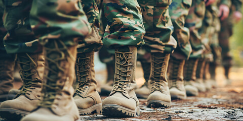 Military boots on the legs of soldiers in a row