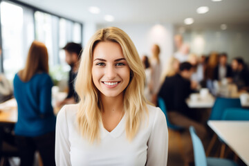 Confident Young Businesswoman with a Welcoming Smile at a Busy Corporate Office. Professional Success and Positivity