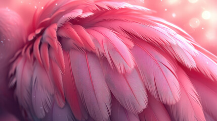 Obraz premium background of pink feathers, bird, flamingo, parrot, banner, space for text, abstract pattern, nature, plumage, animals, wing, flight, wallpaper, illustration, art, ornithology, fashion