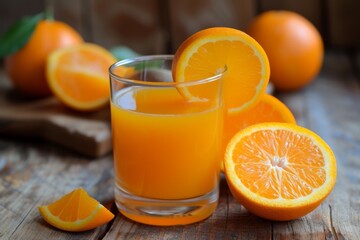 A glass of orange juice with orange slices on a wooden surface.