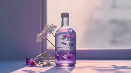 Obraz na płótnie Canvas mockup lavender essential oil bottle is sitting on lavender flowers
