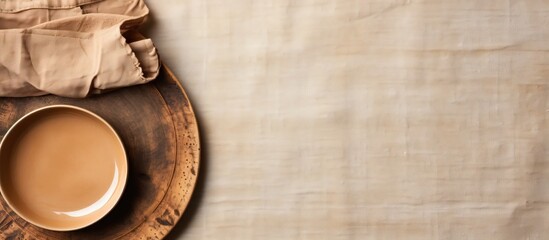 A cup of coffee is placed on top of a wooden spoon. The rustic setup includes an empty plate, a linen napkin, and a concrete table. The image is captured from a top view perspective with selective - obrazy, fototapety, plakaty