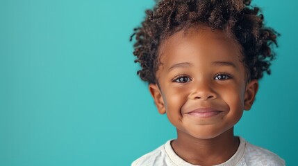 Happy child portrait. Little African American kid boy on blue background - obrazy, fototapety, plakaty
