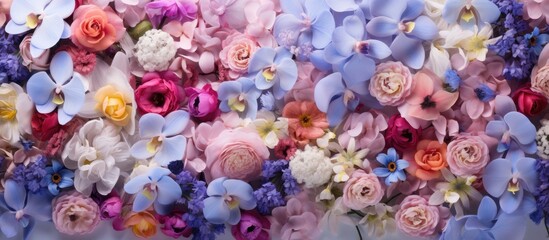 Fototapeta na wymiar A variety of colorful flowers, including white, violet, pink, and blue, are arranged on a wall against an orchid background. The flowers create a vibrant and eye-catching display.
