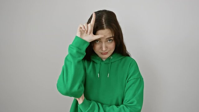 Young woman in sweatshirt standing on white isolated background, mocking people with insulting loser gesture using fingers on forehead