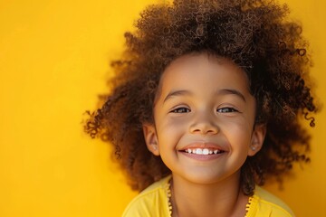 Happy smiling african-american child girl, yellow background - obrazy, fototapety, plakaty