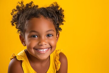 Happy smiling african-american child girl, yellow background - obrazy, fototapety, plakaty