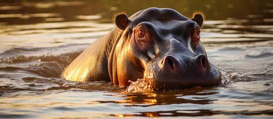 A hippopotamus, seeking relief from the African heat, swimming gracefully in a river with only its head visible above the water.