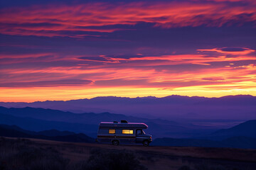 Fototapeta na wymiar Recreation vehicle against a background of burning sky over mountains