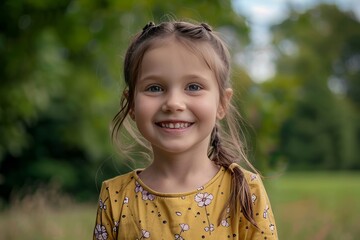 Portrait, young girl and smile in park, happy child outdoor with nature and freedom with positive mindset