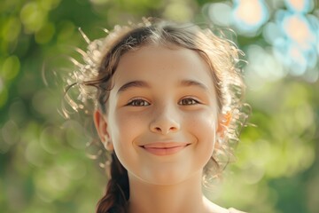 Portrait, young girl and smile in park, happy child outdoor with nature and freedom with positive mindset - obrazy, fototapety, plakaty
