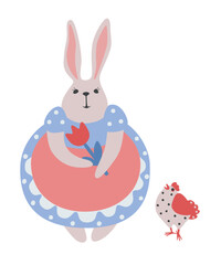 Cute hare and chicken. The rabbit is holding a flower. Pastel color scheme. Vector illustration. Isolated objects