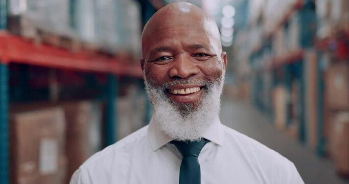 Face, happy man and senior engineer in factory for logistics, distribution or career of manager on bokeh. Portrait, African professional or supervisor in warehouse for shipping or inventory in Kenya