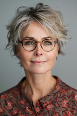 portrait front photo of 50 year old english woman with glasses and short hair facing camera, studio photography, transparent white background 