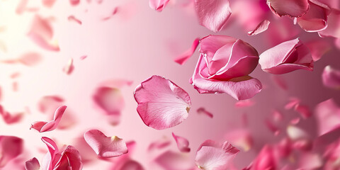 Petals of pink rose spa background. flying petals
