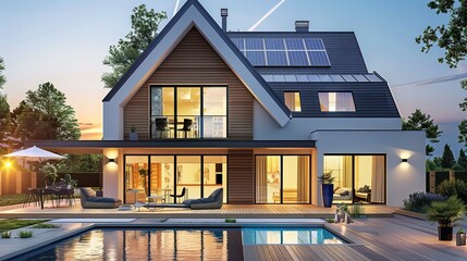 New suburban house with a photovoltaic system on the roof. Modern eco friendly passive house with solar panels on the gable roof