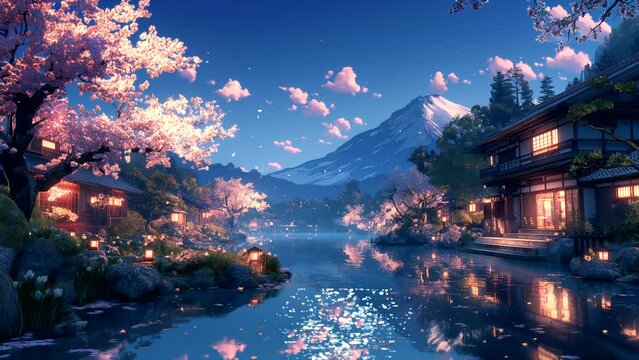 Fantasy spring landscape at night with houses and rivers decorated with cherry blossom trees. seamless looping 4k time-lapse animation background
