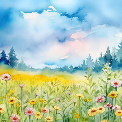 Watercolor meadow with wild flowers.  Spring summer postcard