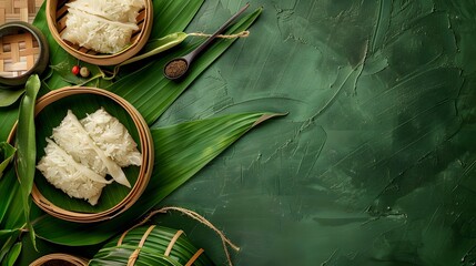 Zongzi, steamed rice dumplings on green table background, food in dragon boat festival duanwu...