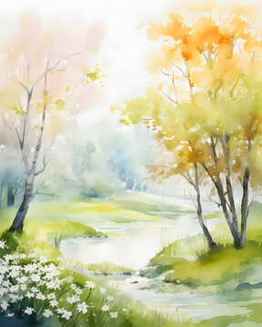 Fototapeta Light dreamy watercolor illustration of  spring scenery