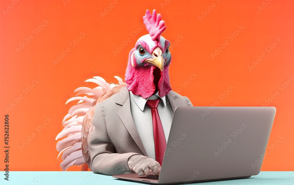 Aufkleber turkey in suit using a laptop while working on bright pastel background. advertisement. presentation