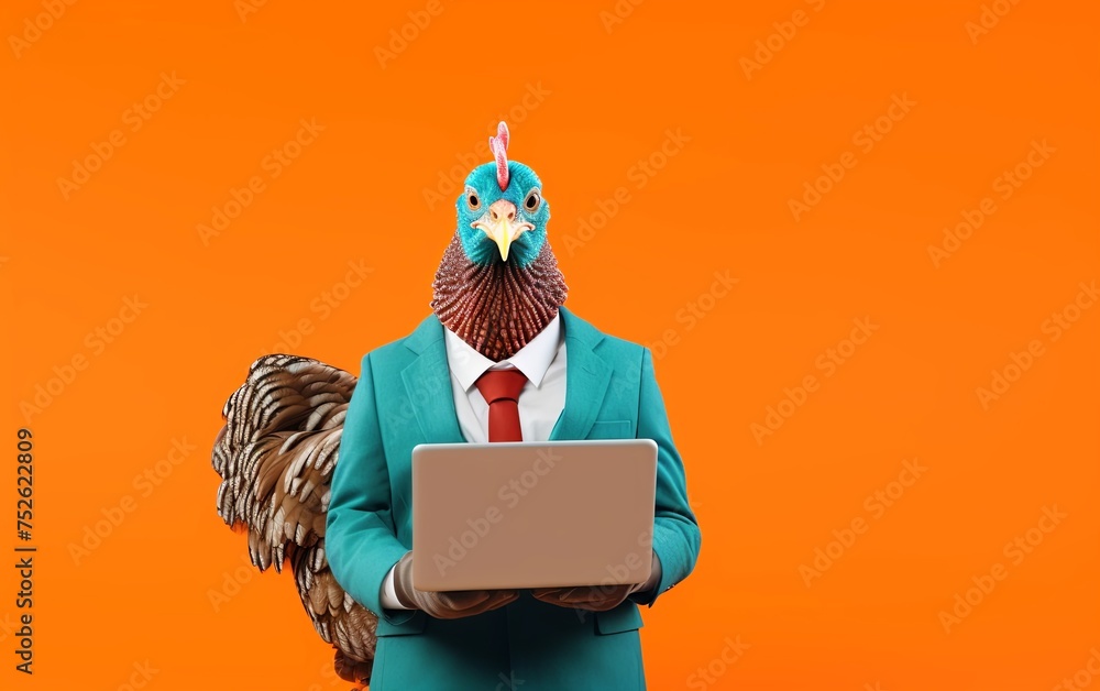 Aufkleber turkey in suit using a laptop while working on bright pastel background. advertisement. presentation
