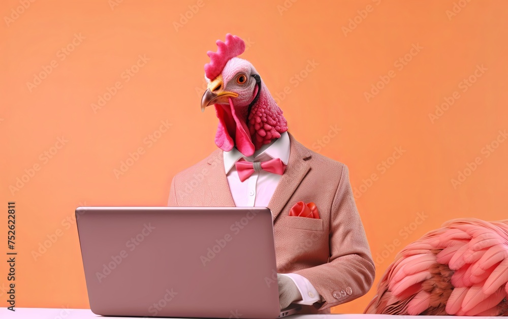 Aufkleber chicken in suit using a laptop while working on bright pastel background. advertisement. presentatio