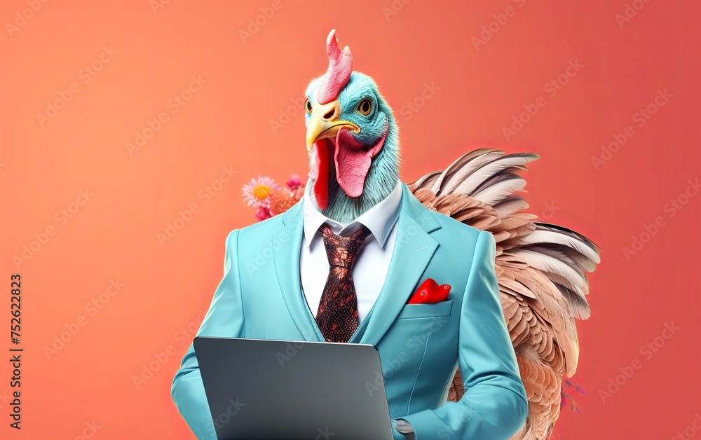 Aufkleber turkey in suit using a laptop while working on bright pastel background. advertisement. presentation