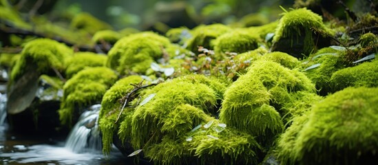 Moss thrives on the rocky riverbank, spreading its vibrant green color along the edge of the flowing water. The mosss growth is a striking contrast against the gray rocks and rushing river.
