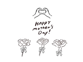 母の日　カーネーションのゆるい手描き風線画イラストセット