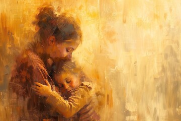 Oil painting style illustration of a mother and child embracing