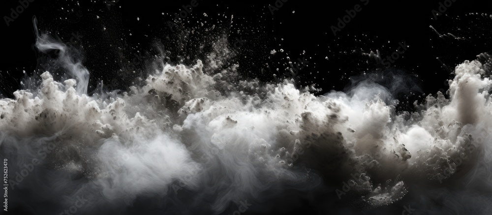 Poster a black and white wave captured in a moment of intense motion, showcasing the contrast between explo