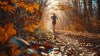 Jogging Through Nature's Path, A Scenic Trail in the Forest Offers the Perfect Setting for an Outdoor Exercise Routine, Enhancing Physical and Mental Health - obrazy, fototapety, plakaty
